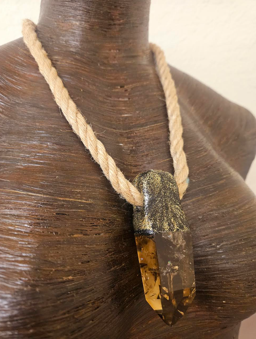 Polished and Faceted Sculpted Smoky Quartz Pendant with Hemp Rope - Brown Gemstone Unisex Talisman on a Jute Rope - Bohemiam Talisman - Kat Kouture Jewelry