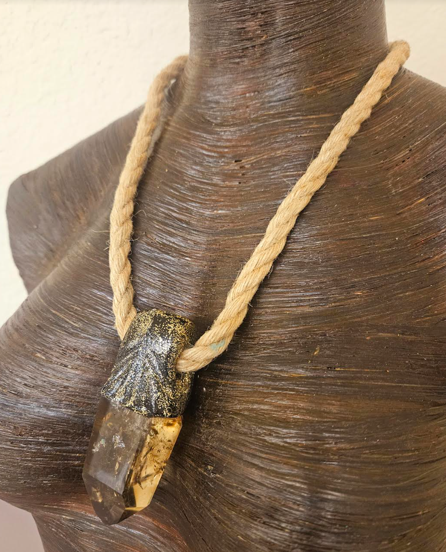 Polished and Faceted Sculpted Smoky Quartz Pendant with Hemp Rope - Brown Gemstone Unisex Talisman on a Jute Rope - Bohemiam Talisman - Kat Kouture Jewelry