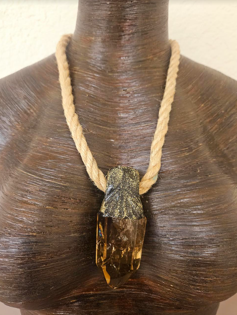 Polished and Faceted Sculpted Smoky Quartz Pendant with Hemp Rope - Brown Gemstone Unisex Talisman on a Jute Rope - Bohemiam Talisman - Kat Kouture Jewelry