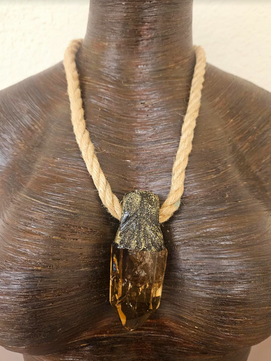 Polished and Faceted Sculpted Smoky Quartz Pendant with Hemp Rope - Brown Gemstone Unisex Talisman on a Jute Rope - Bohemiam Talisman - Kat Kouture Jewelry