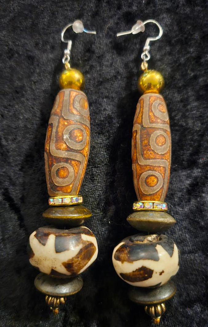 Exotic Earth Tone Tribal Beaded Pierced Earrings - Dzi & Batik Beaded Bone Shoulder Dusters - Tribal Ear Candy - Kat Kouture Jewelry