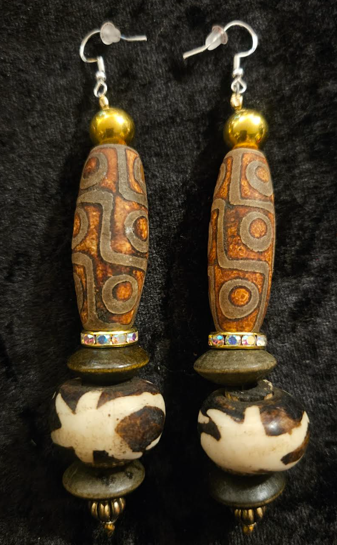 Exotic Earth Tone Tribal Beaded Pierced Earrings - Dzi & Batik Beaded Bone Shoulder Dusters - Tribal Ear Candy - Kat Kouture Jewelry