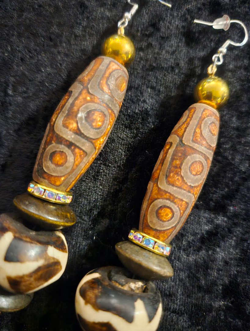 Exotic Earth Tone Tribal Beaded Pierced Earrings - Dzi & Batik Beaded Bone Shoulder Dusters - Tribal Ear Candy - Kat Kouture Jewelry