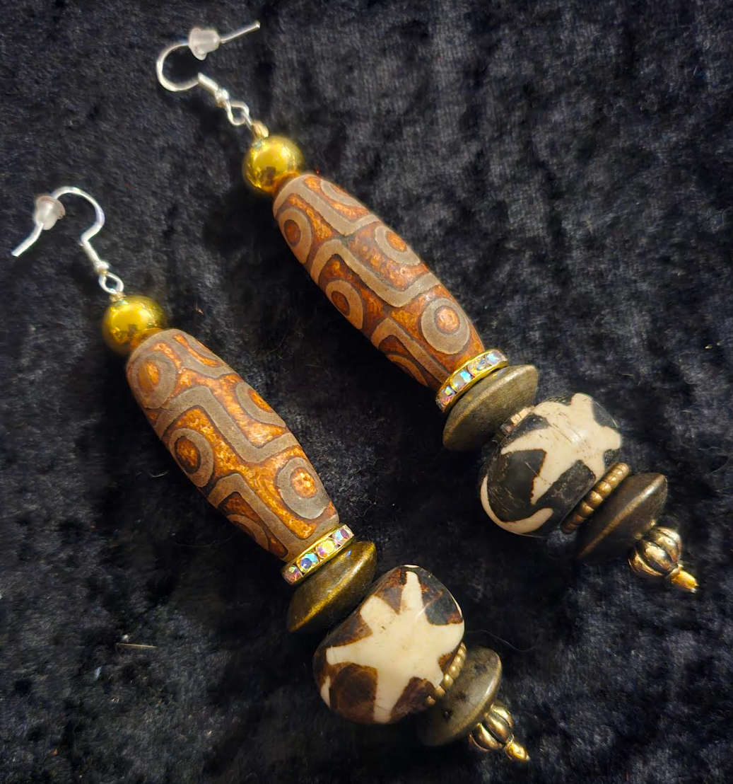 Exotic Earth Tone Tribal Beaded Pierced Earrings - Dzi & Batik Beaded Bone Shoulder Dusters - Tribal Ear Candy - Kat Kouture Jewelry