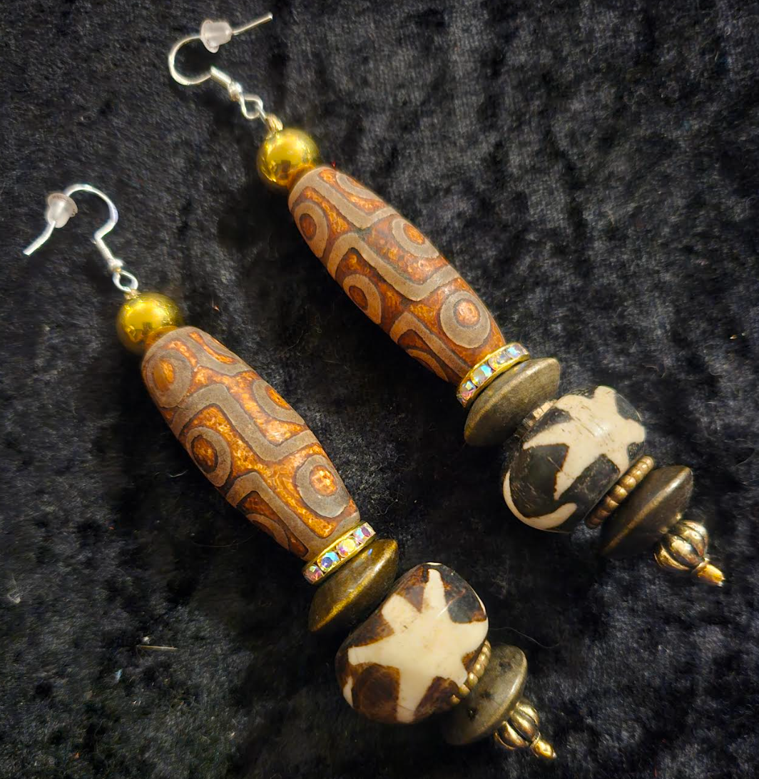 Exotic Earth Tone Tribal Beaded Pierced Earrings - Dzi & Batik Beaded Bone Shoulder Dusters - Tribal Ear Candy - Kat Kouture Jewelry