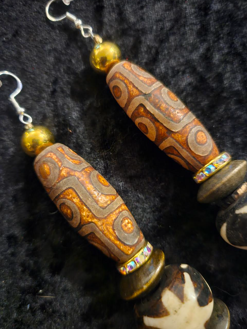 Exotic Earth Tone Tribal Beaded Pierced Earrings - Dzi & Batik Beaded Bone Shoulder Dusters - Tribal Ear Candy - Kat Kouture Jewelry