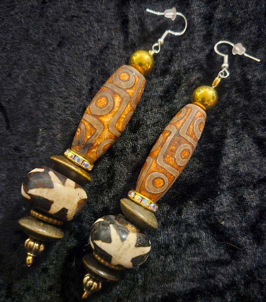 Exotic Earth Tone Tribal Beaded Pierced Earrings - Dzi & Batik Beaded Bone Shoulder Dusters - Tribal Ear Candy - Kat Kouture Jewelry