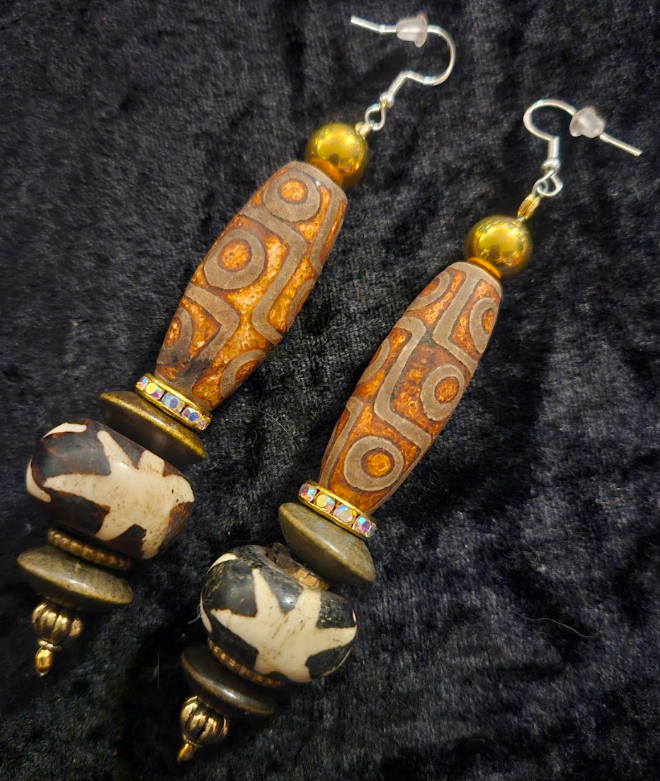 Exotic Earth Tone Tribal Beaded Pierced Earrings - Dzi & Batik Beaded Bone Shoulder Dusters - Tribal Ear Candy - Kat Kouture Jewelry