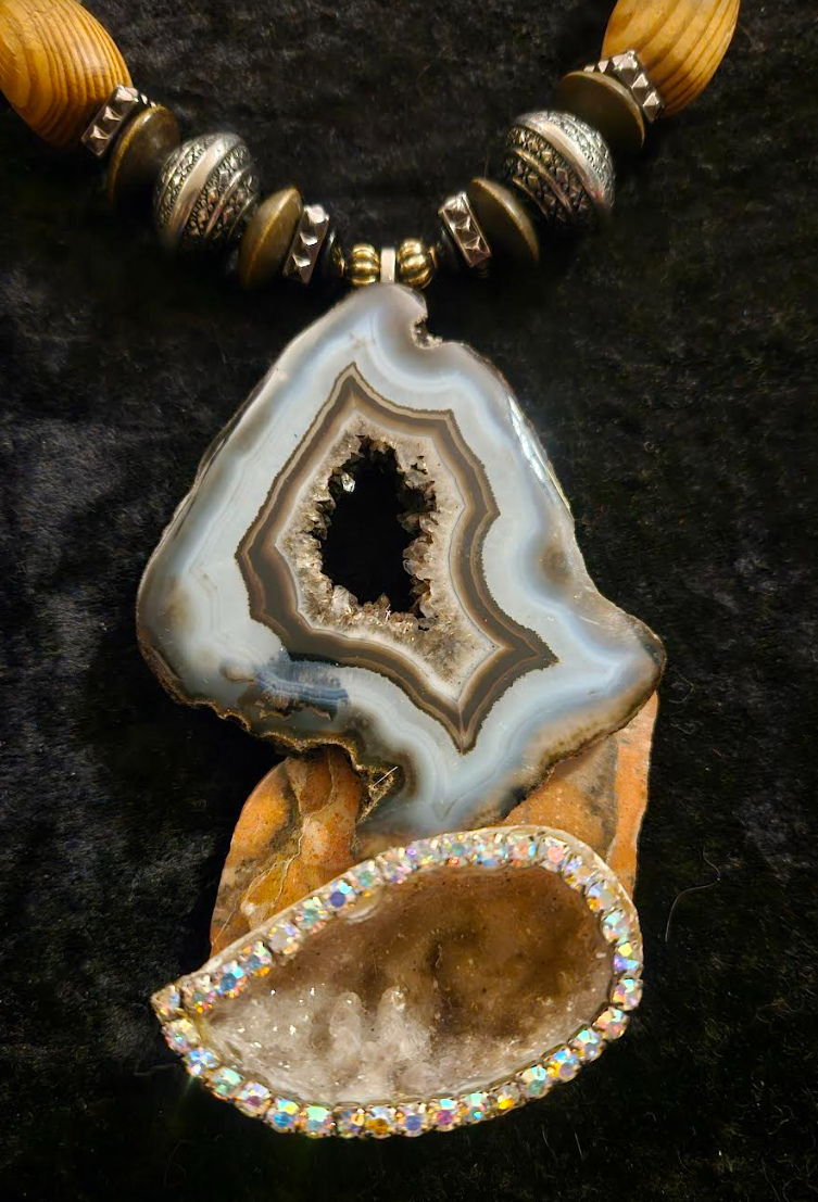 Earth Tone Druzy Agate Jasper & Rhinestone Geode Pendant - Mixed Media Autumn Artisan Beaded Necklace - Kat Kouture Jewelry