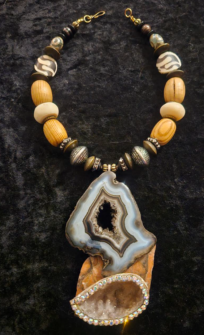 Earth Tone Druzy Agate Jasper & Rhinestone Geode Pendant - Mixed Media Autumn Artisan Beaded Necklace - Kat Kouture Jewelry