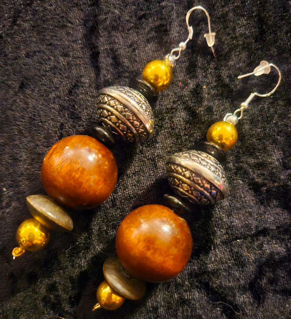 Brown Black Silver & Gold Beaded Tribal Pierced Earrings - Earthy Wood Oversized Ball Ear Candy - Fall Wardrobe Accessory -  Kat Kouture Jewelry