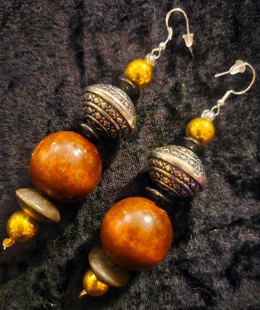 Brown Black Silver & Gold Beaded Tribal Pierced Earrings - Earthy Wood Oversized Ball Ear Candy - Fall Wardrobe Accessory -  Kat Kouture Jewelry