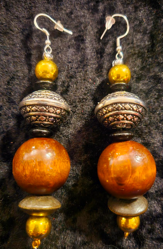 Brown Black Silver & Gold Beaded Tribal Pierced Earrings - Earthy Wood Oversized Ball Ear Candy - Fall Wardrobe Accessory -  Kat Kouture Jewelry