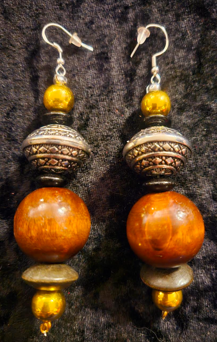 Brown Black Silver & Gold Beaded Tribal Pierced Earrings - Earthy Wood Oversized Ball Ear Candy - Fall Wardrobe Accessory -  Kat Kouture Jewelry