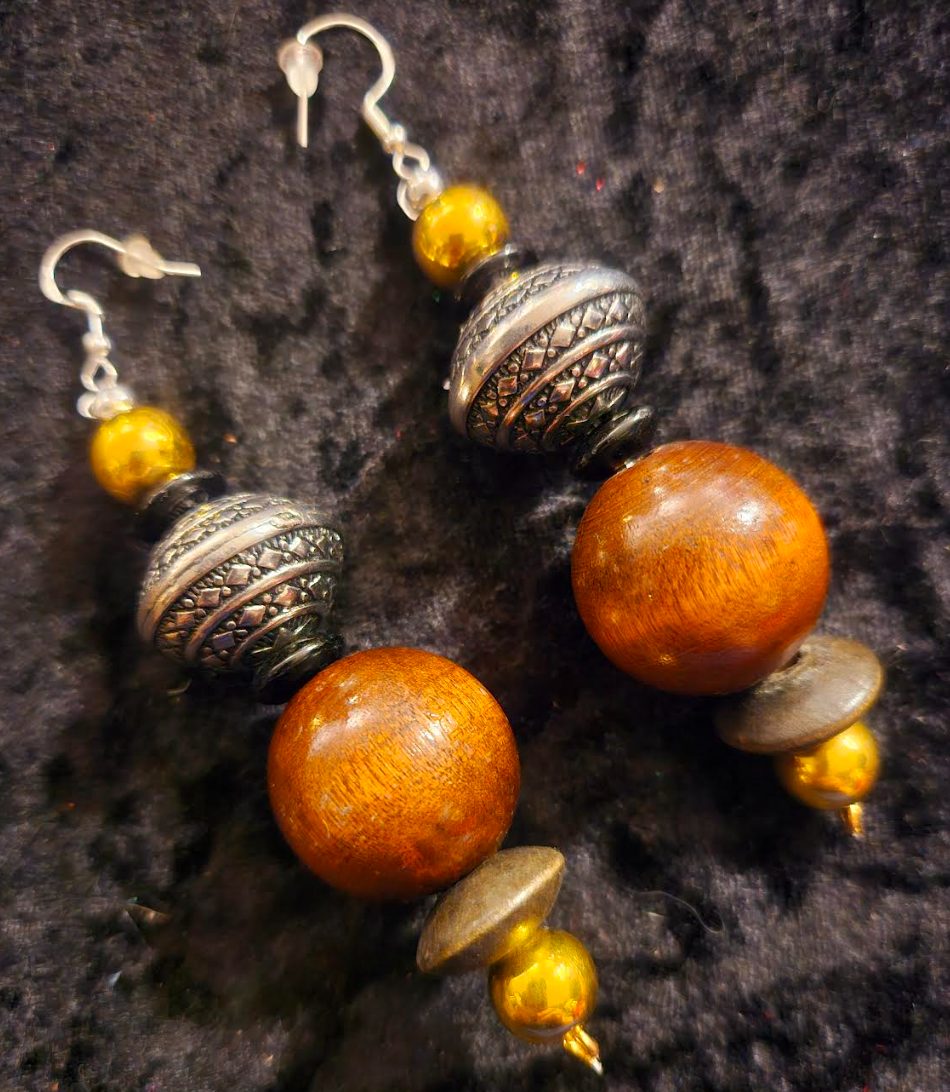 Brown Black Silver & Gold Beaded Tribal Pierced Earrings - Earthy Wood Oversized Ball Ear Candy - Fall Wardrobe Accessory -  Kat Kouture Jewelry