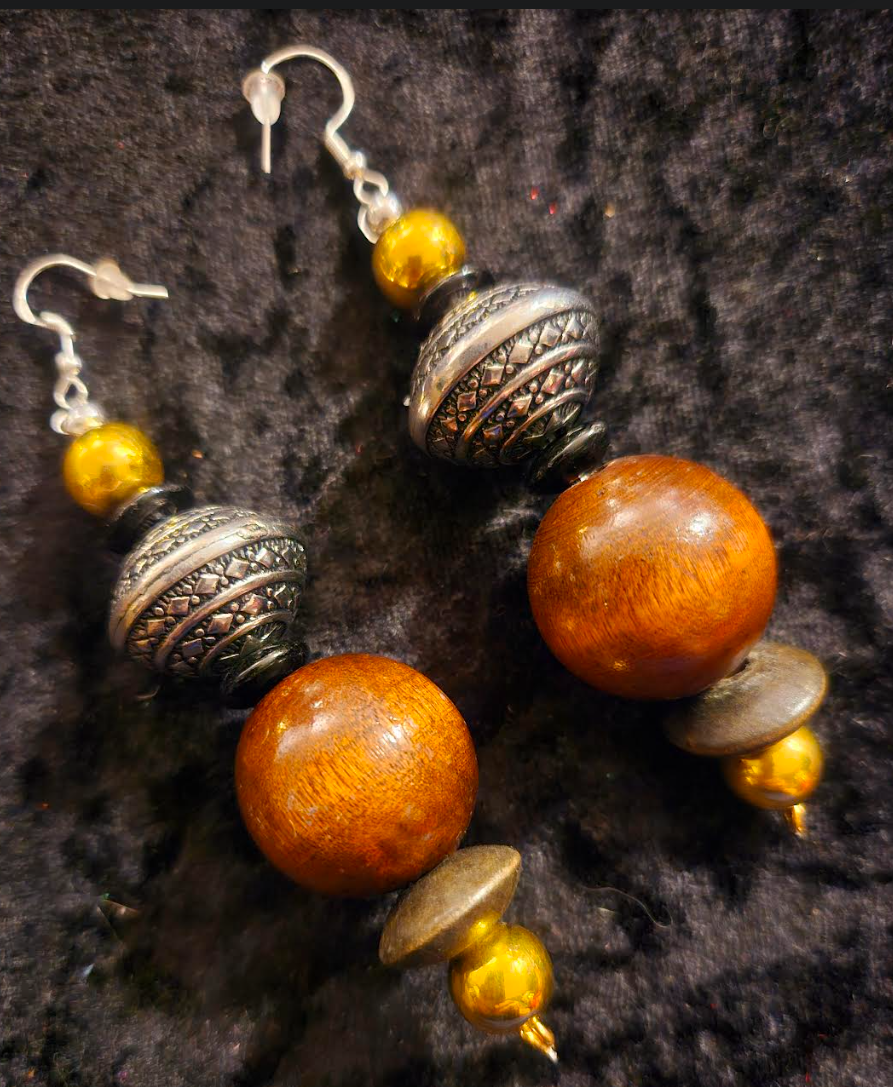 Brown Black Silver & Gold Beaded Tribal Pierced Earrings - Earthy Wood Oversized Ball Ear Candy - Fall Wardrobe Accessory -  Kat Kouture Jewelry