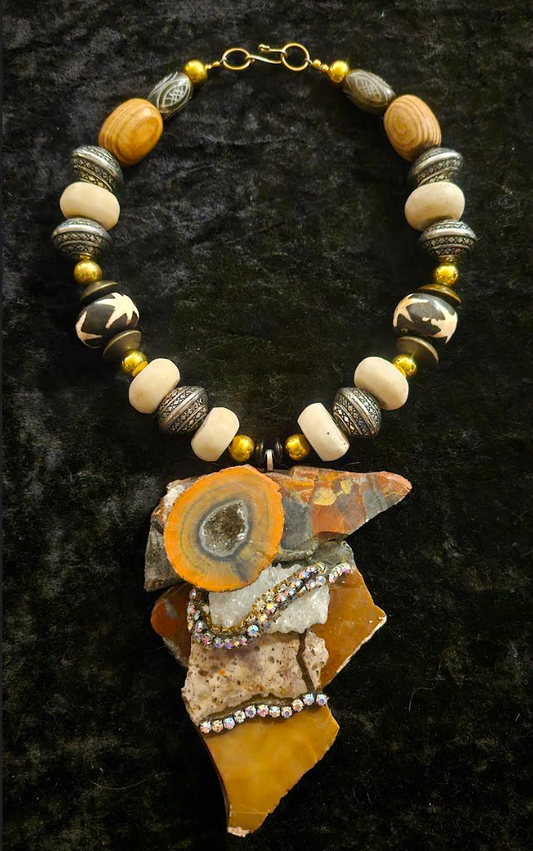 Jasper Quartz and Agate Avant Garde Gemstone Slab Pendant with Earth Tone Necklace - OOAK Wearable Art Autumn Neck Candy - Kat Kouture Jewelry