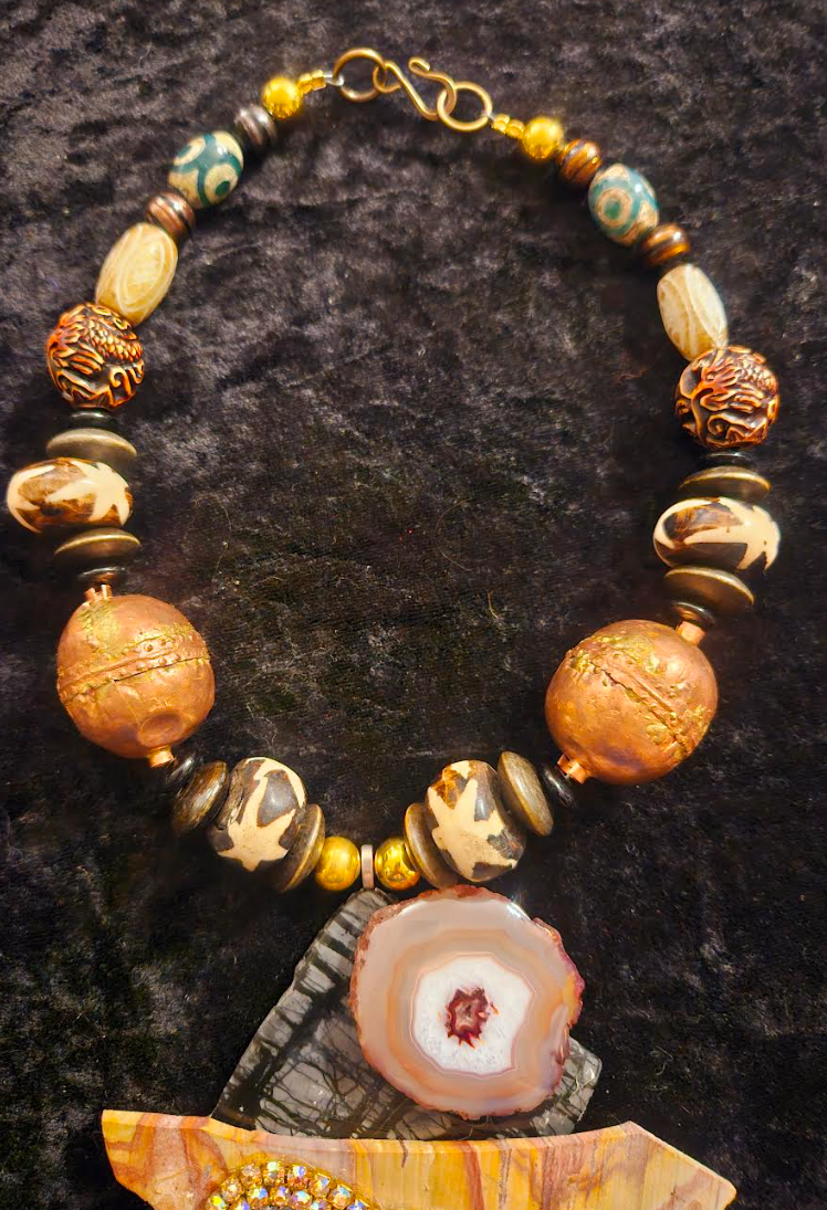 African Inspired Earth Tone Beaded Necklace with Mixed Gemstone Pendant - Avant Garde Artisan Stone Chest Piece - Kat Kouture Jewelry