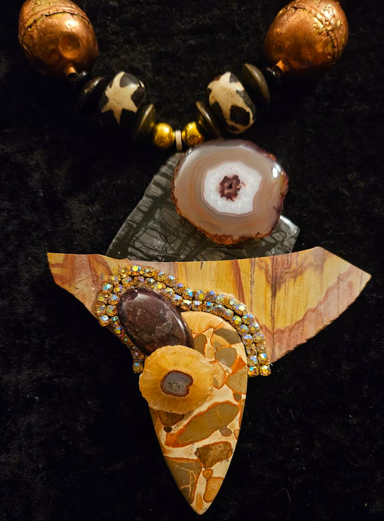 African Inspired Earth Tone Beaded Necklace with Mixed Gemstone Pendant - Avant Garde Artisan Stone Chest Piece - Kat Kouture Jewelry