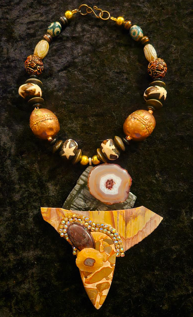 African Inspired Earth Tone Beaded Necklace with Mixed Gemstone Pendant - Avant Garde Artisan Stone Chest Piece - Kat Kouture Jewelry