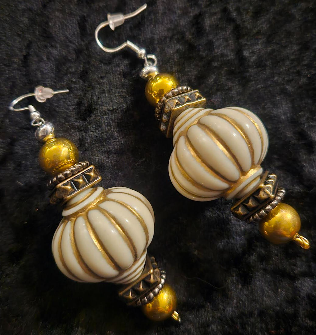 Cream and Gold Arabian Style Beaded Pierced Earrings - Posh Rich Bold & Chunky Ear Candy - Kat Kouture Jewelry