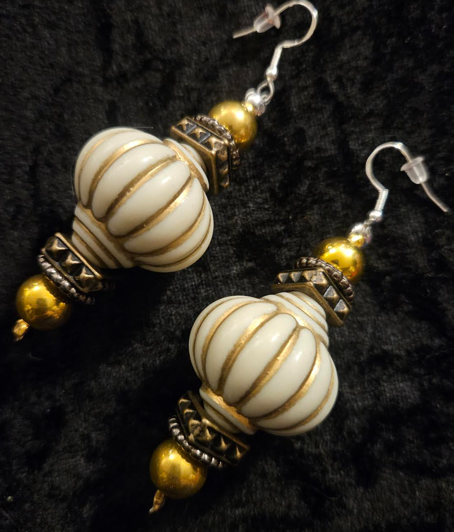 Cream and Gold Arabian Style Beaded Pierced Earrings - Posh Rich Bold & Chunky Ear Candy - Kat Kouture Jewelry