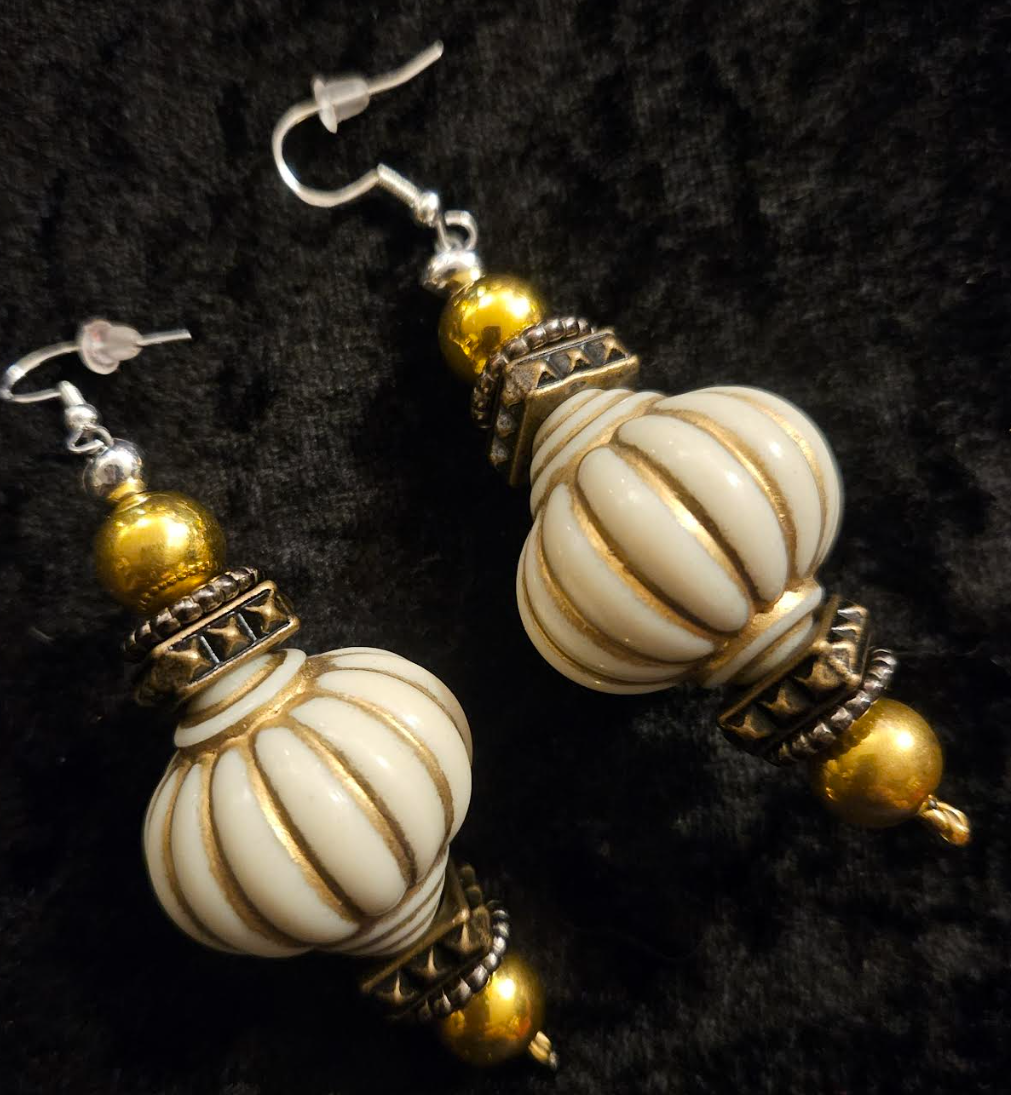 Cream and Gold Arabian Style Beaded Pierced Earrings - Posh Rich Bold & Chunky Ear Candy - Kat Kouture Jewelry