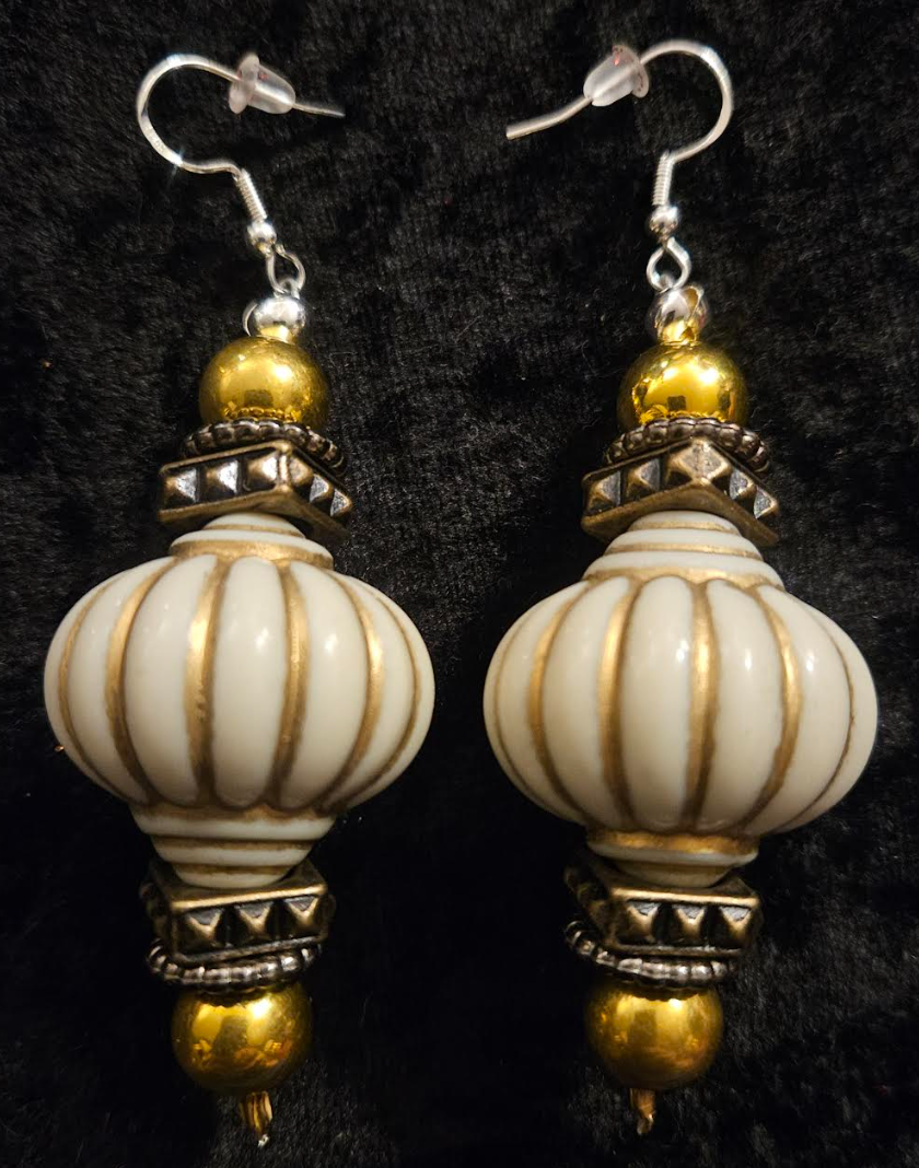 Cream and Gold Arabian Style Beaded Pierced Earrings - Posh Rich Bold & Chunky Ear Candy - Kat Kouture Jewelry