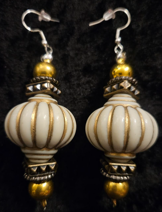 Cream and Gold Arabian Style Beaded Pierced Earrings - Posh Rich Bold & Chunky Ear Candy - Kat Kouture Jewelry