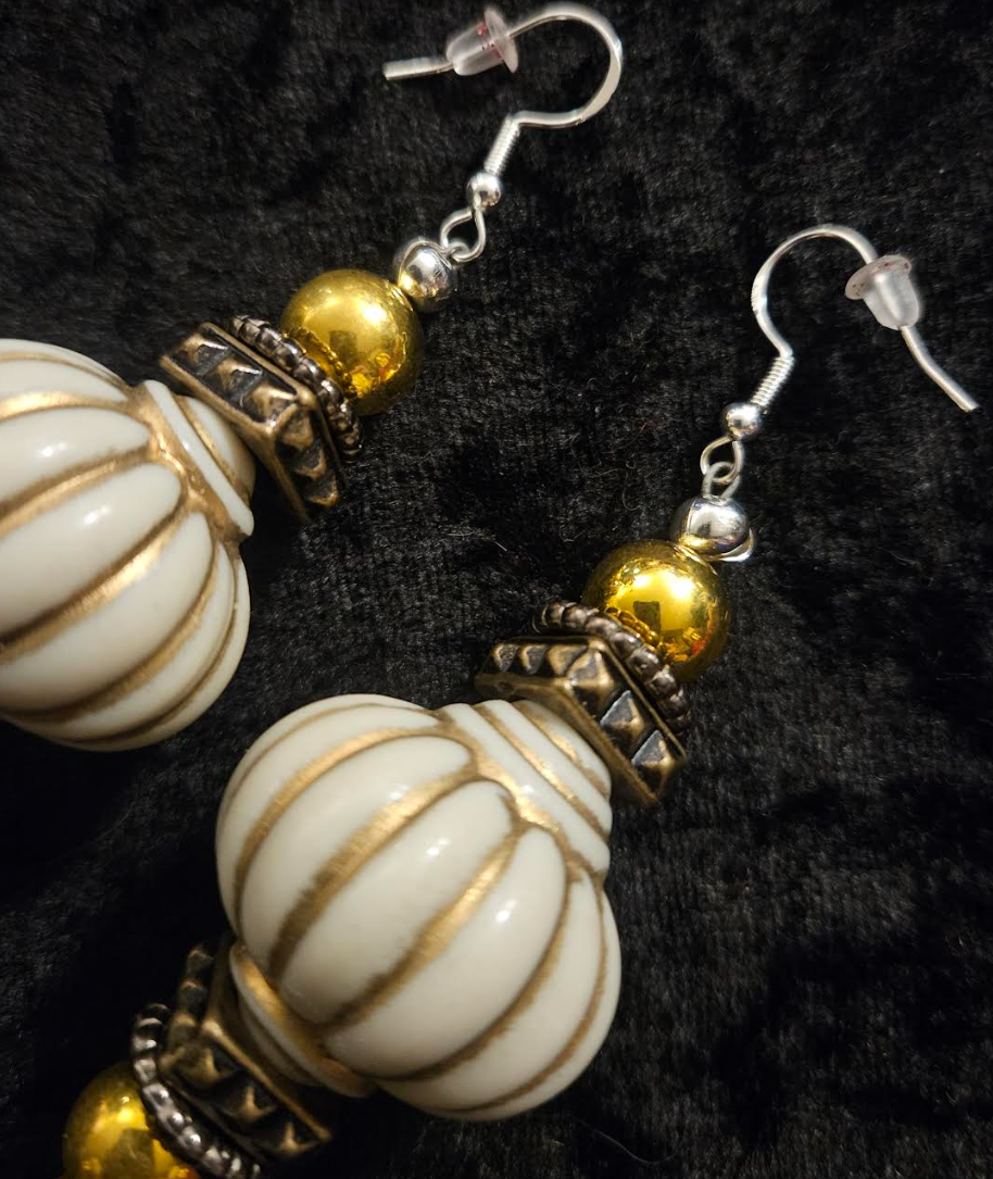 Cream and Gold Arabian Style Beaded Pierced Earrings - Posh Rich Bold & Chunky Ear Candy - Kat Kouture Jewelry