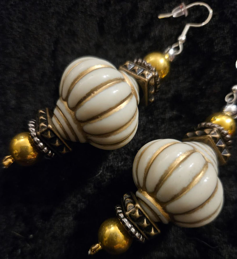 Cream and Gold Arabian Style Beaded Pierced Earrings - Posh Rich Bold & Chunky Ear Candy - Kat Kouture Jewelry