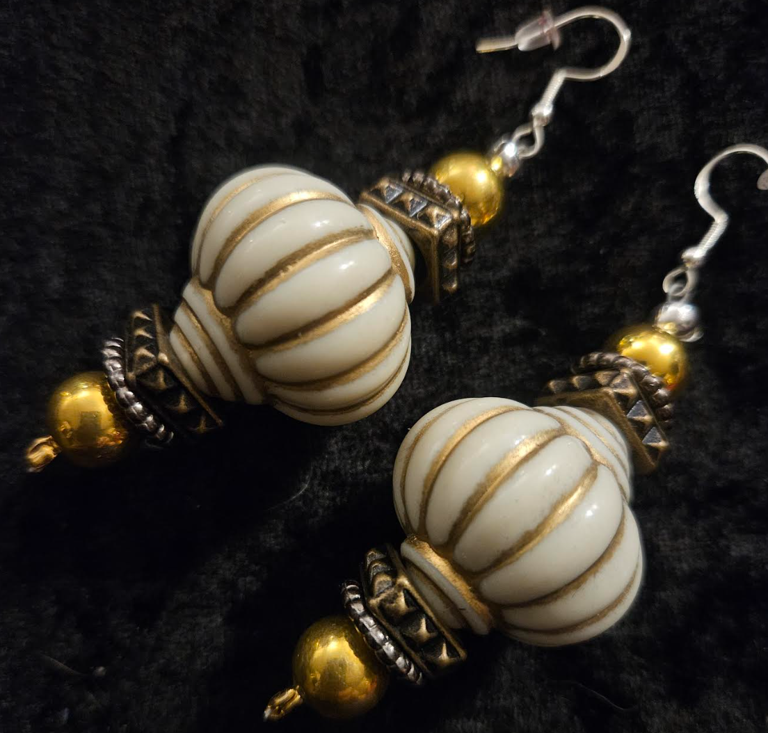 Cream and Gold Arabian Style Beaded Pierced Earrings - Posh Rich Bold & Chunky Ear Candy - Kat Kouture Jewelry