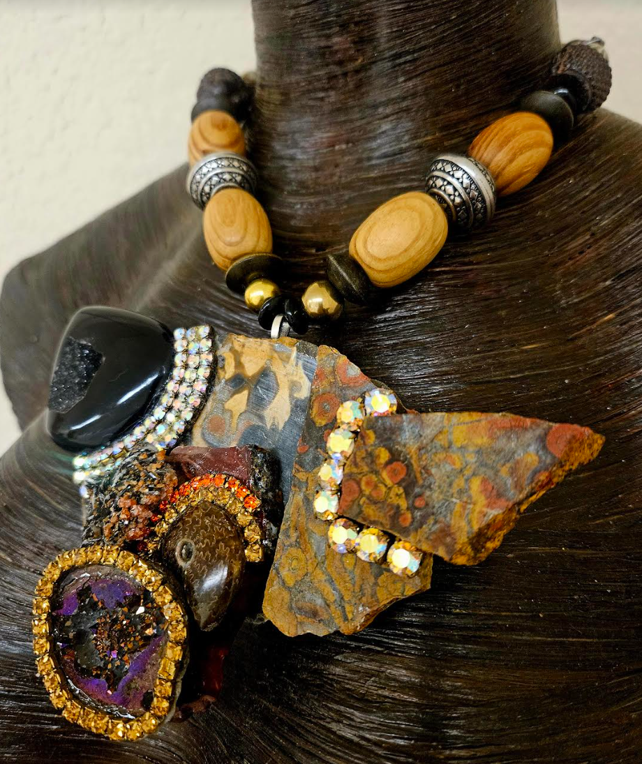 Earthy Mixed Gemstone Jasper Slab Chest Piece - Rustic Autumn Bead & Gemstone Statement Necklace Pendant - Kat Kouture Jewelry