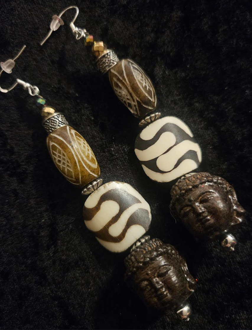 Brown and Cream Tribal Beaded Buddha Shoulder Dusters - African Tibetan Extra Long Dangle Ear Candy - Kat Kouture Jewelry