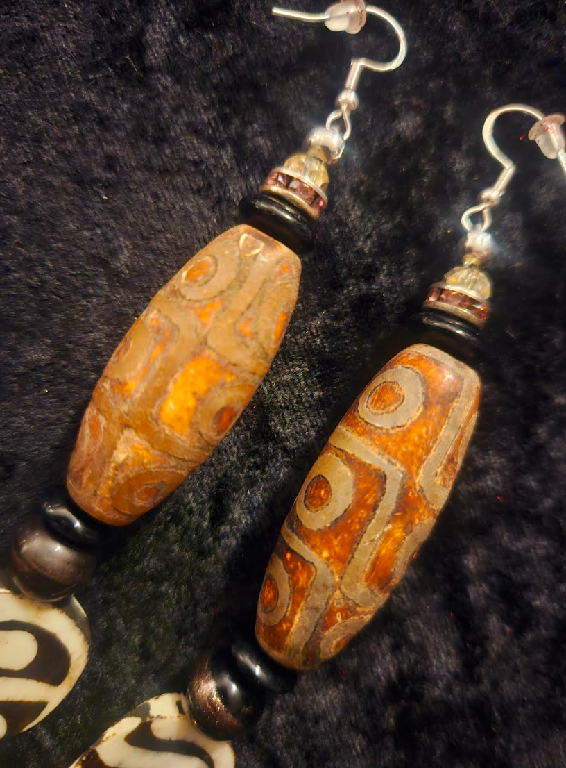 Exotic Tribal Earth Tone Beaded Shoulder Dusters - Batik Bone & Dzi Ethnic Pierced Earrings - African Long Dangle Ear Candy - Kat Kouture Jewelry