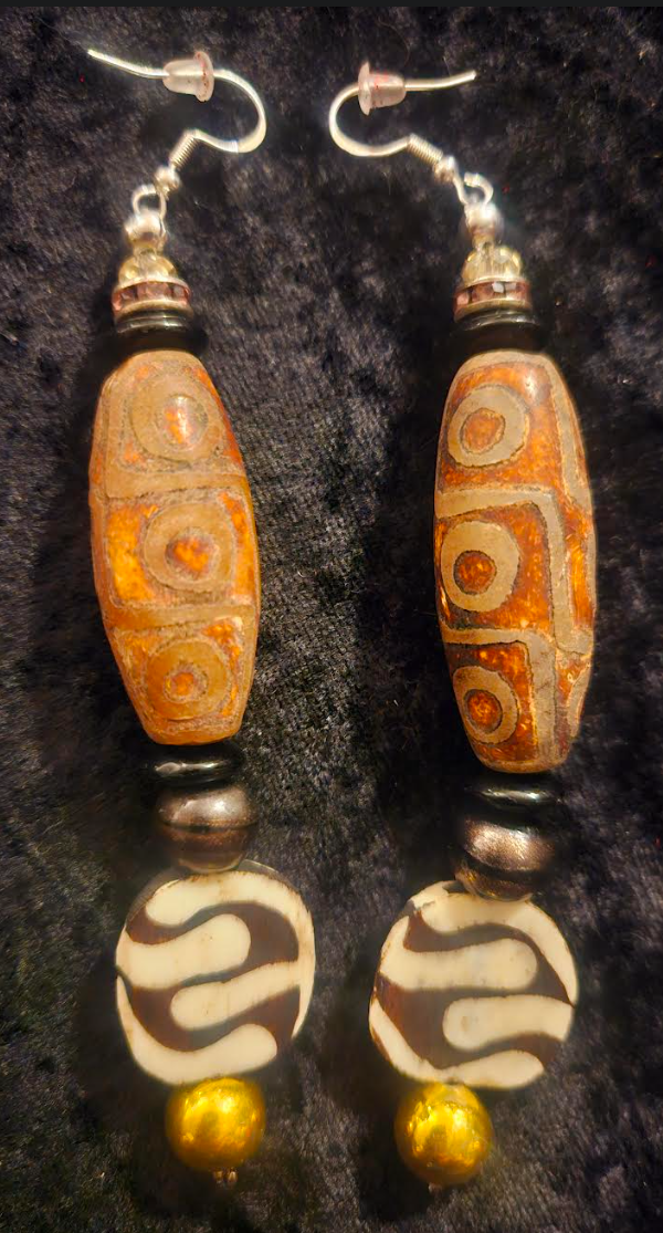 Exotic Tribal Earth Tone Beaded Shoulder Dusters - Batik Bone & Dzi Ethnic Pierced Earrings - African Long Dangle Ear Candy - Kat Kouture Jewelry