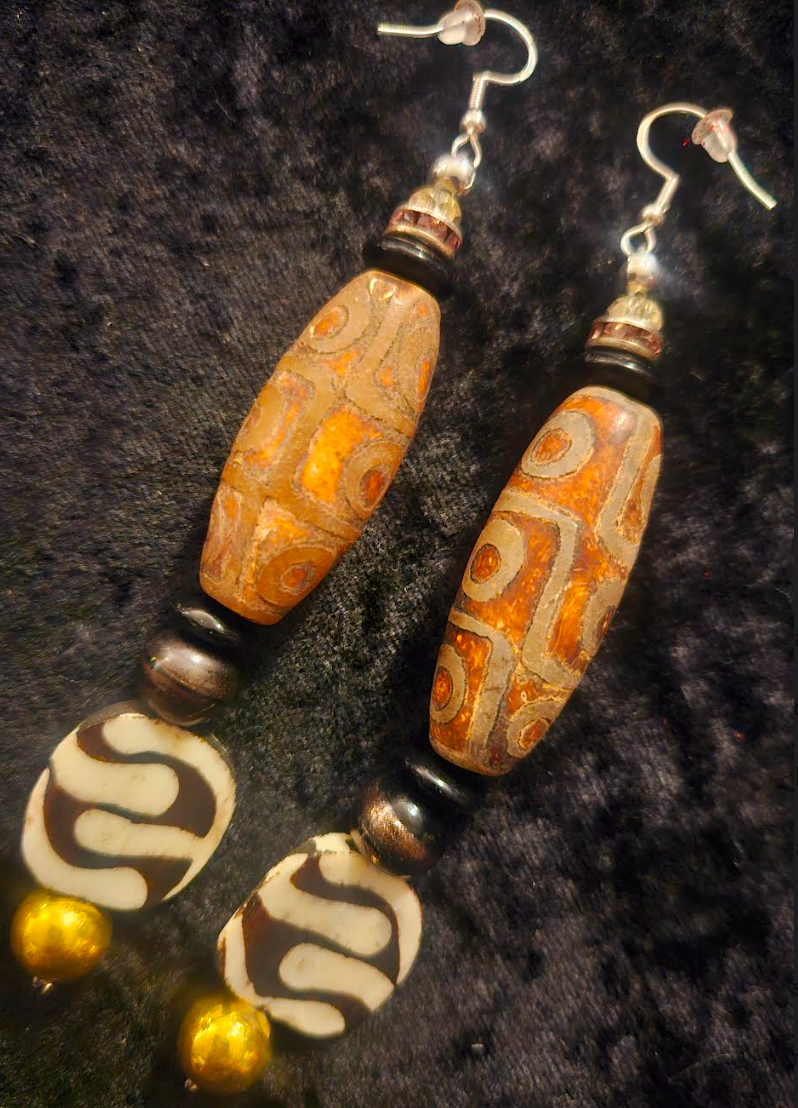 Exotic Tribal Earth Tone Beaded Shoulder Dusters - Batik Bone & Dzi Ethnic Pierced Earrings - African Long Dangle Ear Candy - Kat Kouture Jewelry