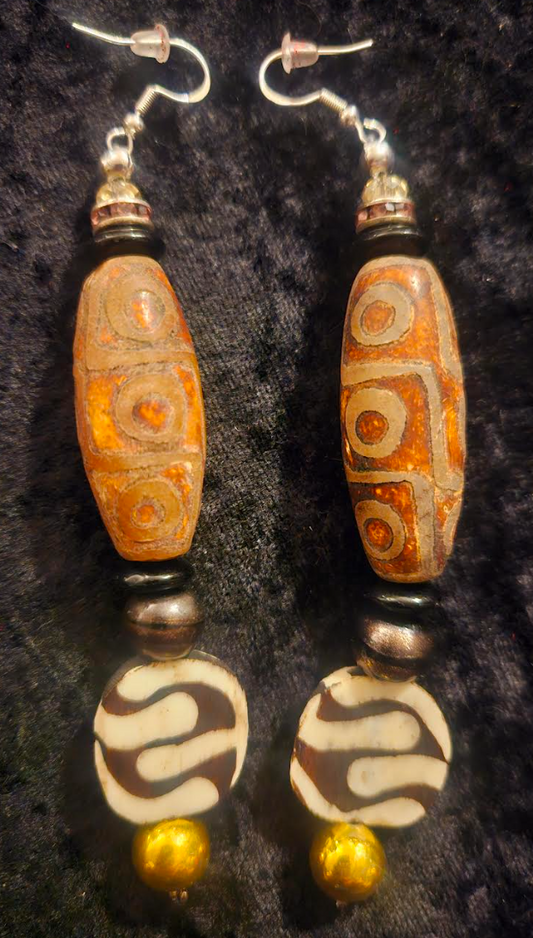 Exotic Tribal Earth Tone Beaded Shoulder Dusters - Batik Bone & Dzi Ethnic Pierced Earrings - African Long Dangle Ear Candy - Kat Kouture Jewelry