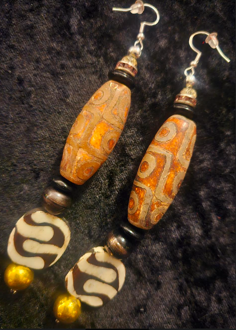 Exotic Tribal Earth Tone Beaded Shoulder Dusters - Batik Bone & Dzi Ethnic Pierced Earrings - African Long Dangle Ear Candy - Kat Kouture Jewelry