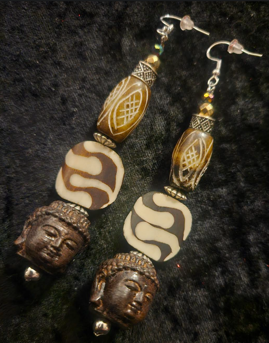 Brown and Cream Tribal Beaded Buddha Shoulder Dusters - African Tibetan Extra Long Dangle Ear Candy - Kat Kouture Jewelry