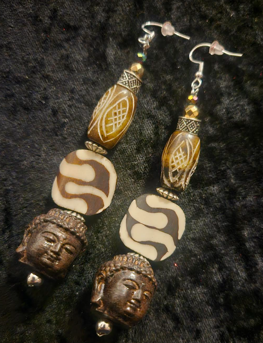 Brown and Cream Tribal Beaded Buddha Shoulder Dusters - African Tibetan Extra Long Dangle Ear Candy - Kat Kouture Jewelry