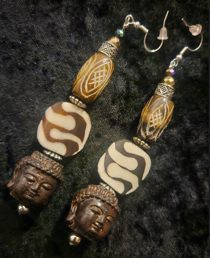 Brown and Cream Tribal Beaded Buddha Shoulder Dusters - African Tibetan Extra Long Dangle Ear Candy - Kat Kouture Jewelry