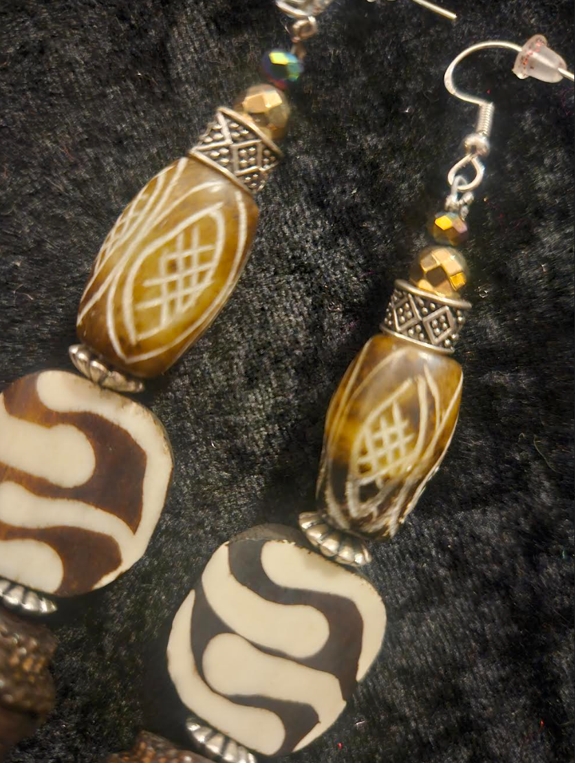 Brown and Cream Tribal Beaded Buddha Shoulder Dusters - African Tibetan Extra Long Dangle Ear Candy - Kat Kouture Jewelry