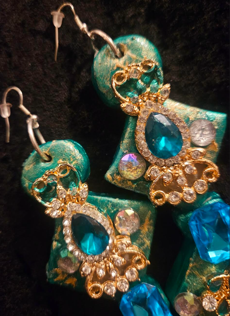 Art Deco Sculpted Emerald Green Rhinestone Shoulder Dusters for Drag Queens - Theatrical Ear Candy for Photoshoots or Fashion Shows - Performance Artist Pierced Earrings - Kat Kouture Jewelry