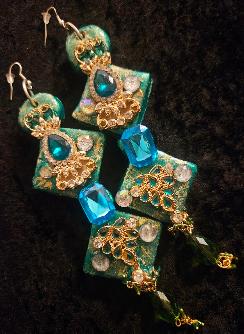 Art Deco Sculpted Emerald Green Rhinestone Shoulder Dusters for Drag Queens - Theatrical Ear Candy for Photoshoots or Fashion Shows - Performance Artist Pierced Earrings - Kat Kouture Jewelry