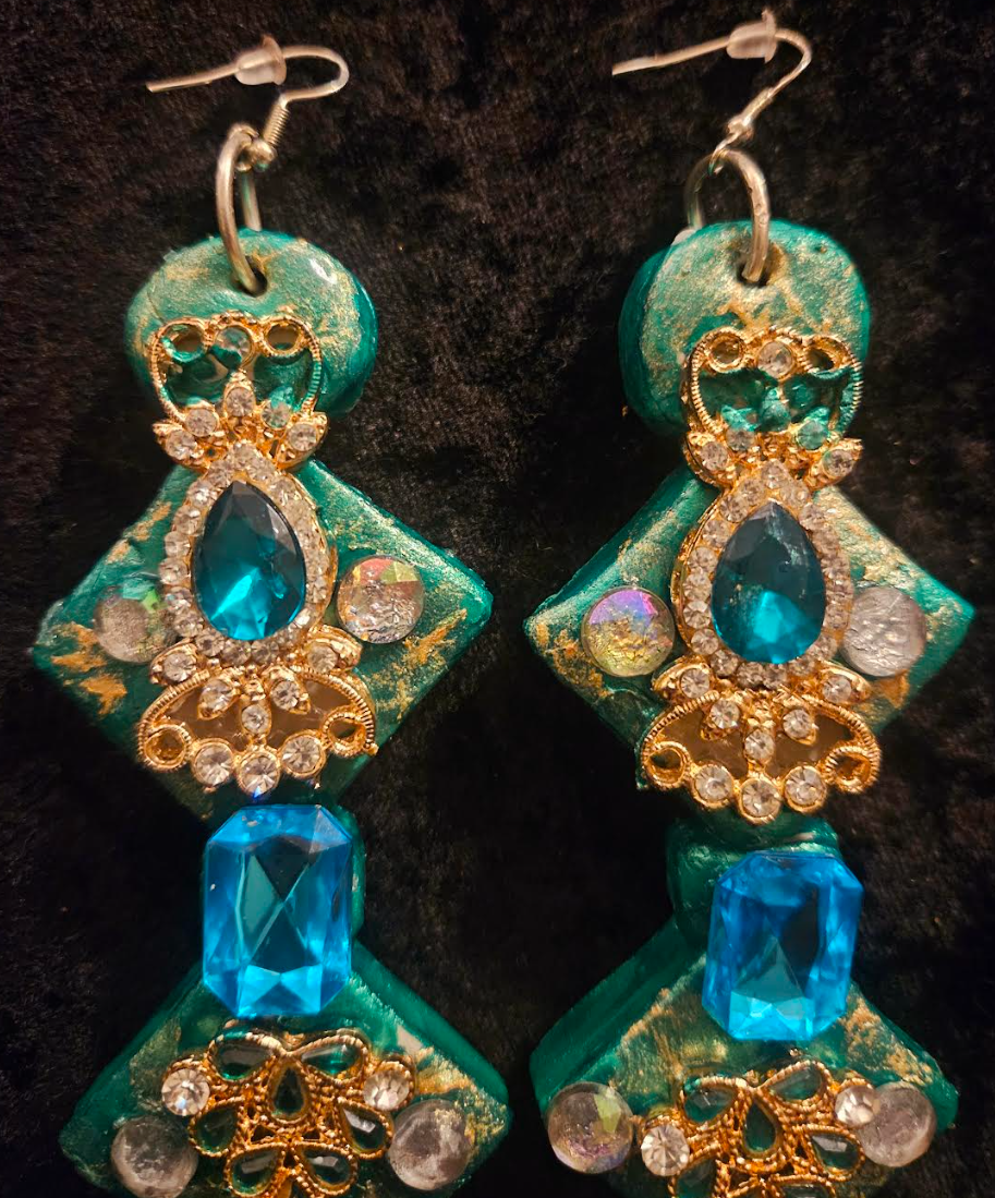 Art Deco Sculpted Emerald Green Rhinestone Shoulder Dusters for Drag Queens - Theatrical Ear Candy for Photoshoots or Fashion Shows - Performance Artist Pierced Earrings - Kat Kouture Jewelry