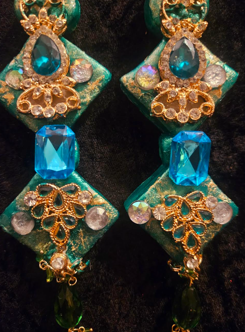 Art Deco Sculpted Emerald Green Rhinestone Shoulder Dusters for Drag Queens - Theatrical Ear Candy for Photoshoots or Fashion Shows - Performance Artist Pierced Earrings - Kat Kouture Jewelry