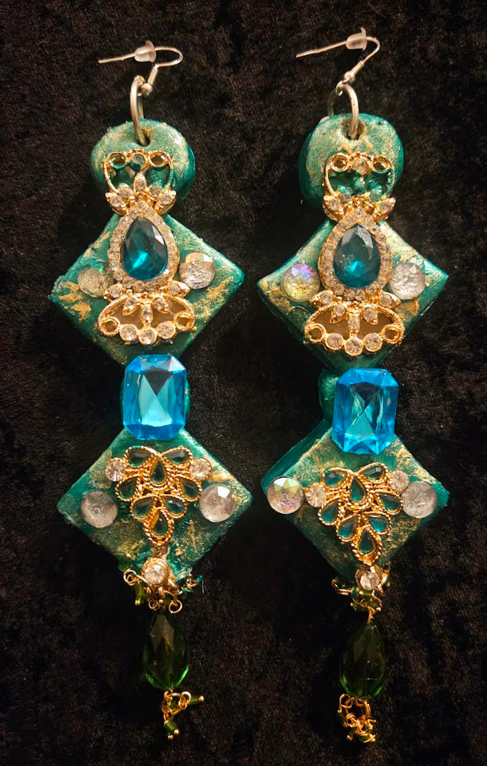 Art Deco Sculpted Emerald Green Rhinestone Shoulder Dusters for Drag Queens - Theatrical Ear Candy for Photoshoots or Fashion Shows - Performance Artist Pierced Earrings - Kat Kouture Jewelry