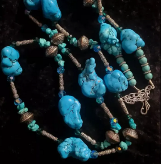 Blue Magnesite Nugget Western Style Rope Necklace - Faux Turquoise & Crystal 58" Gemstone Opera Length Necklace - Cowgirl Style Versatile Chest Piece - Kat Kouture Jewelry