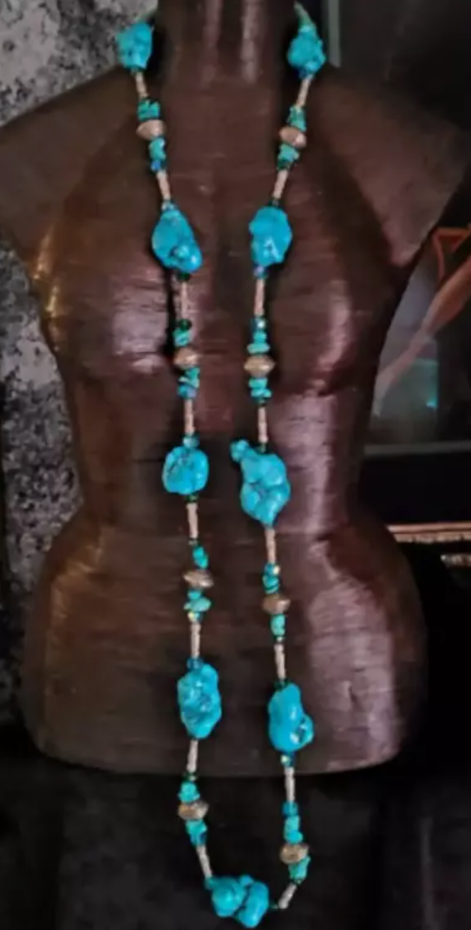 Blue Magnesite Nugget Western Style Rope Necklace - Faux Turquoise & Crystal 58" Gemstone Opera Length Necklace - Cowgirl Style Versatile Chest Piece - Kat Kouture Jewelry